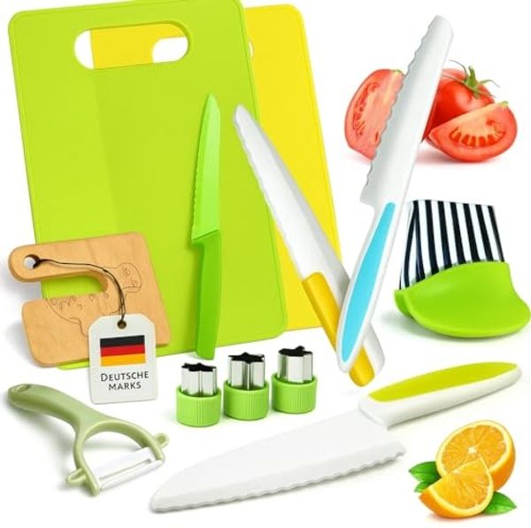 König Design Kochmesser Kinderkochmesser 17-teiliges, Kinder Küchenmesser Set Schneidebretter Messer und Ausstechformen
