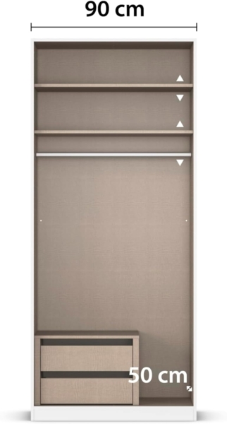 Rauch Möbel Alabama, Kleiderschrank, Garderobe, 2-türig, Zubehör Premium, 1 Kleiderstange, 3 Einlegeböden, Schubladeneinsatz, Farbe Hochglanz Weiß/Eiche Artisan, Holz, Griff Grau metallic, 91 x 229 x 54 cm Bild 7