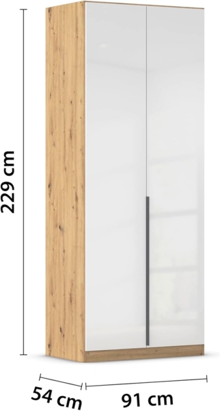 Rauch Möbel Alabama, Kleiderschrank, Garderobe, 2-türig, Zubehör Premium, 1 Kleiderstange, 3 Einlegeböden, Schubladeneinsatz, Farbe Hochglanz Weiß/Eiche Artisan, Holz, Griff Grau metallic, 91 x 229 x 54 cm Bild 3