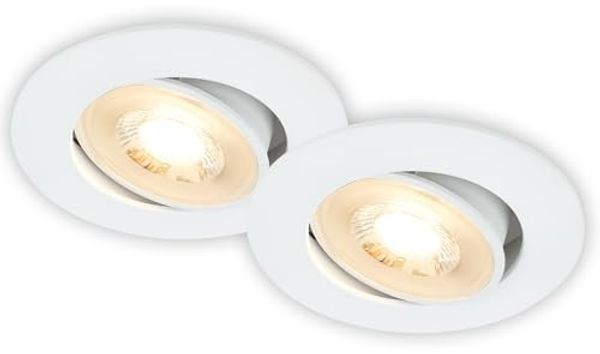 BRILONER - 2er Set LED Einbaustrahler 230V flach, schwenkbar, warmweißes Licht, LED Spot, flach, Deckenspots, Spots 230V, Einbauleuchten, Einbauspots, 68mm Lochmass, 8x3,2 cm, Weiß