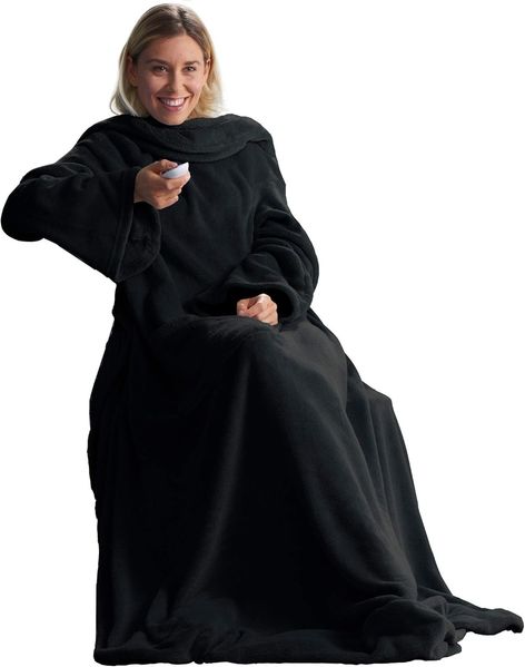 CelinaTex TV-Decke mit Ärmeln und Fußtasche Flauschige Kuscheldecke 150x180 cm schwarz Mikrofaser Fleece Soft Oeko-TEX