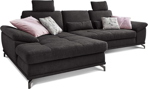 Cavadore L-Form-Sofa Castiel mit Federkern / Großes Schlafsofa in L-Form mit Bettkasten, Sitztiefenverstellung, Kopfstützen und XL-Longchair / 312 x 114 x 173 / Webstoff, Schwarz