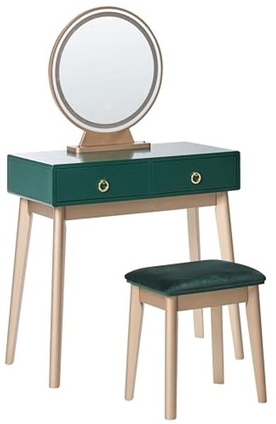 Beliani 'Fedry' Schminktisch mit LED-Beleuchtung und Hocker, MDF grün / gold, 80 x 42 x 134 cm
