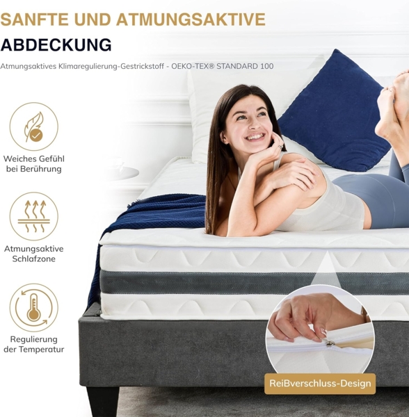 EGO HOME Matratze 180x200 cm Härtegrad H3 Ergonomische 7 Zonen Taschenfederkernmatratze 180x200 cm Höhe 23 cm Federkernmatratze mit Komfortschaum und Microfaser-Bezug für Kinder und Erwachsene Bild 3