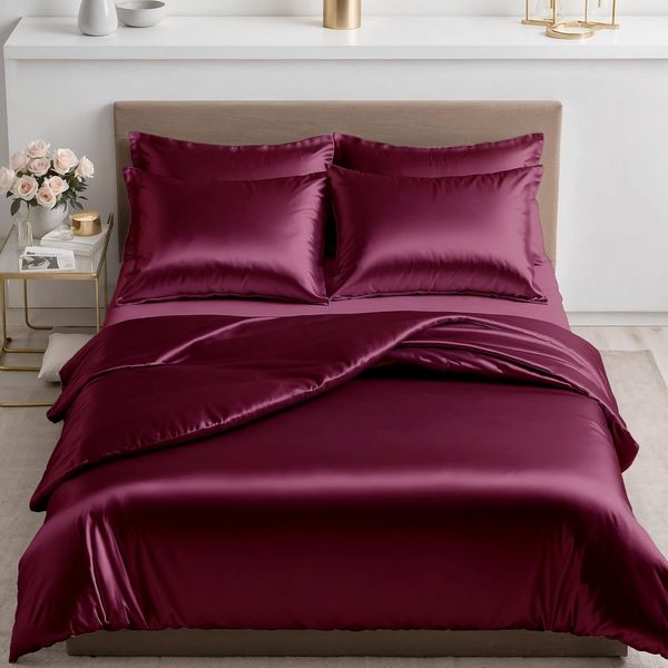 Cozyor Bettwäsche Satin glänzend 135x200, 155x200, 155x220, 200x200cm mit Reißverschluss, Satin, bordeaux Berry, 3 teilig, glänzend Satin, Bettbezug + Kissenbezug 80x80, besonders weich