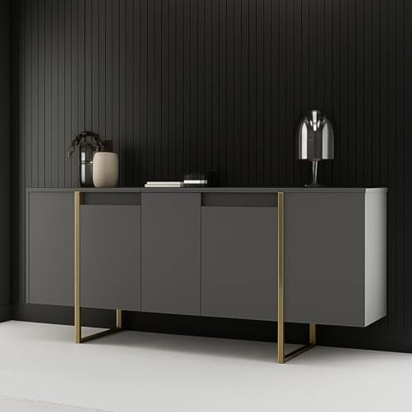 Dmora - Kommode Betel, Wohnzimmerbuffet, Wohnzimmer-Sideboard, Moderne Küchen-Speisekammer, 160x35h80 cm, Walnuss und Gold