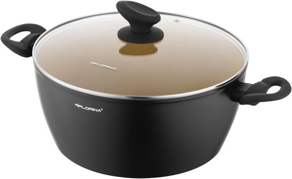 FLORINA AMVEGAN Aluminiumtopf 26 cm I 4,8L I Hohe Haltbarkeit I Glasdeckel I Olivenöl-Keramikbeschichtung I Einfaches Kochen & Spülen I Für alle Herdarten I Originales Design