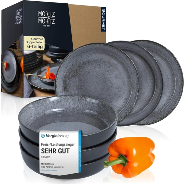 Moritz & Moritz Tafelservice Moritz & Moritz 6tlg Suppen Teller Anthrazit Geschirr Set Digital (6-tlg), 6 Personen, Geschirrset für 6 Personen