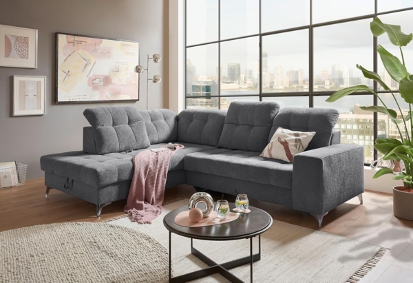 Ecksofa Varadero in Anthrazit – Eckcouch in L-Form mit 5 verstellbaren Kopfstützen, elektrischer Systemverstellung, manueller Sitztiefenverstellung, USB-Anschluss & großem Bettkasten