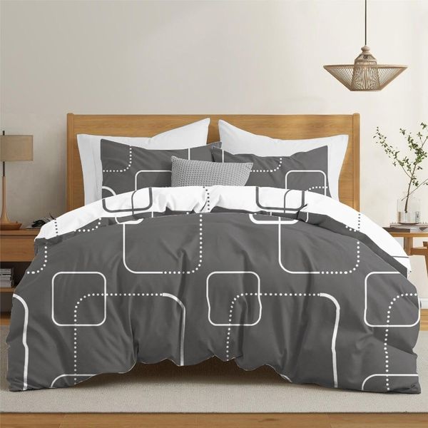Dreamzie Bettwäsche Set 200x200 cm mit 2 Kissenbezügen 80x80 cm - Muster Karos Grau - Bettwäsche 200x200 Erwachsene aus 100% Mikrofaser - Zertifiziert ohne Chemikalien (Oeko TEX)