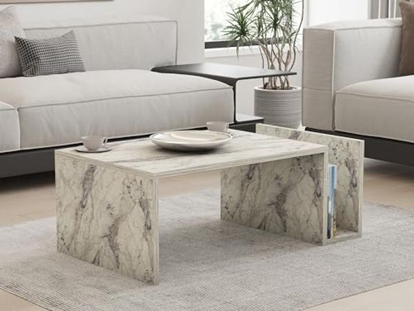 Elegant Freesia Marble Coffee Table, 86.8 cm | 100% Melamine Coated Particle Board, 18 mm Thick | Wall-Mountable Design with Lower Shelf | Modern Home Decor
