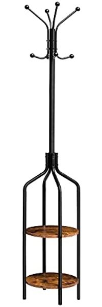 HOOBRO Garderobenständer, Garderobe mit 2 runden Ablagen, Kleiderständer mit 8 Haken, 183 cm Hoch, Industrie-Stil, Stahlgestell, multifunktional, für Kleidung, Schals, Hüte, Taschen EBF81YM01