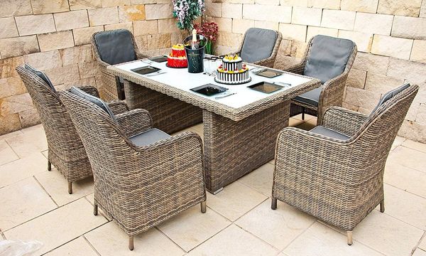 Ragnarök Möbel-Design Garten-Essgruppe Esstisch Set Kingchair, (Set, Polyrattan, Alu), Set bestehend aus 6 bequemen Sessel, 1 großem Tisch