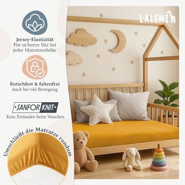 Laleni 2er-Set Jersey Spannbettlaken Beistellbett und Wiege 55x90 cm - Oeko-Tex Zertifiziert, 100% Baumwolle, atmungsaktives Spannbetttuch für Baby, 135 g/m², Spicy Mustard - gelb Bild 4