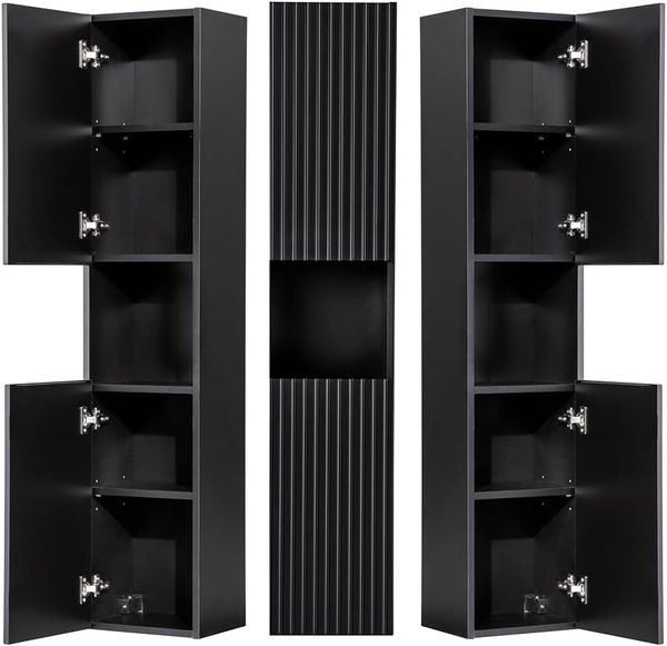 Lomadox Badmöbel-Set NEWPORT-56-BLACK, (Spar-Set, 6-St, Badschränke Badregal Hochschrank Spiegel Waschtisch), mit 90 cm Waschtisch, Wäschekorb, schwarz mit Eiche, gerillte Front Bild 9