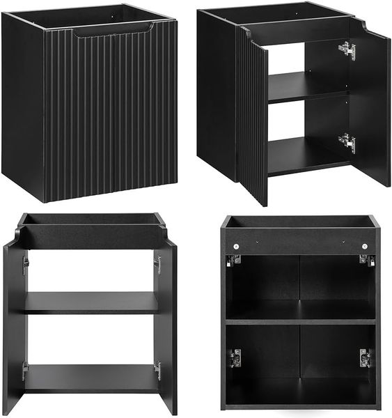 Lomadox Badmöbel-Set NEWPORT-56-BLACK, (Spar-Set, 6-St, Badschränke Badregal Hochschrank Spiegel Waschtisch), mit 90 cm Waschtisch, Wäschekorb, schwarz mit Eiche, gerillte Front Bild 7