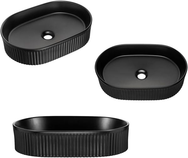 Lomadox Badmöbel-Set NEWPORT-56-BLACK, (Spar-Set, 6-St, Badschränke Badregal Hochschrank Spiegel Waschtisch), mit 90 cm Waschtisch, Wäschekorb, schwarz mit Eiche, gerillte Front Bild 6