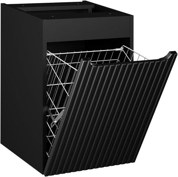 Lomadox Badmöbel-Set NEWPORT-56-BLACK, (Spar-Set, 6-St, Badschränke Badregal Hochschrank Spiegel Waschtisch), mit 90 cm Waschtisch, Wäschekorb, schwarz mit Eiche, gerillte Front Bild 8