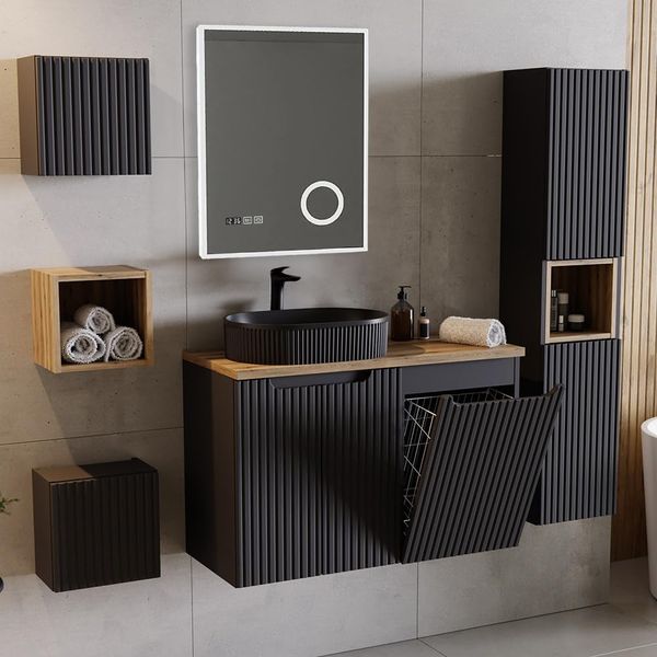 Lomadox Badmöbel-Set NEWPORT-56-BLACK, (Spar-Set, 6-St, Badschränke Badregal Hochschrank Spiegel Waschtisch), mit 90 cm Waschtisch, Wäschekorb, schwarz mit Eiche, gerillte Front