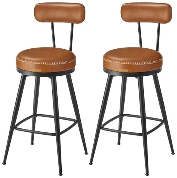 VASAGLE EKHO Kollektion - 360° drehbarer Barhocker, 2er Set, Hocker mit Rückenlehne für Kücheninsel, Kunstleder mit Nähten, Mid-Century-Modern-Stil, 65 cm hoch, Küche, Hausbar, karamellbraun