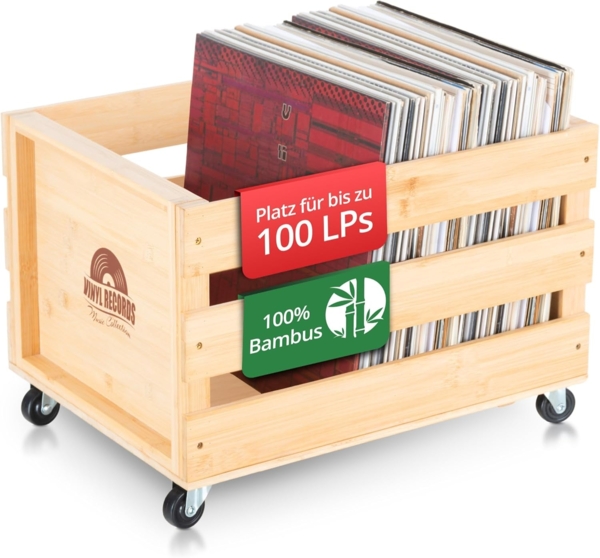 Stagecaptain Holzkiste SPKB-100 Schallplattenkiste "Emil" Bambus 2x Set - Vinyl mit Stil (2er Set), für bis zu 100 LPs - aus Vollholz im Retro-Design