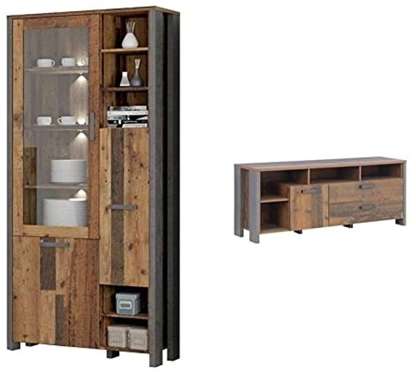 Forte Clif Vitrine mit 1 Tür unf 1 Glastür, Wood Vintage/Betonoptik Dunkelgrau, 91,7 x 204,9 x 41,6 cm & Clif TV-Unterschrank mit 1 Tür und 2 Schubkästen, Betonoptik Dunkelgrau, 161 x 63,9 x 41,6 cm