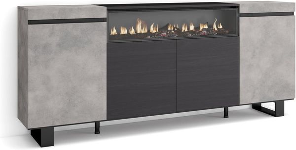 Skraut Home | Sideboard, Highboard | Kommode, Komodenschrank | 200 x 87 x 35 cm | 4 Türen | Elektrokamin. Maße | Industriedesign | Moderner Stil | Zement