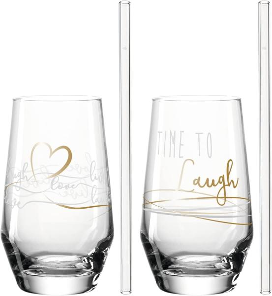 Leonardo 2 Trinkgläser + 2 Glastrinkhalme Presente Laugh, Glas, klar mit Motiv, 365 ml