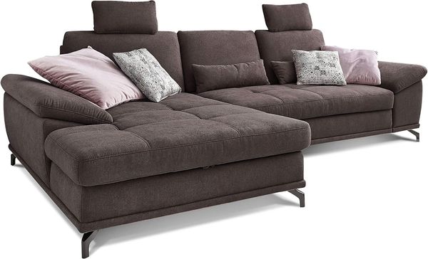 Cavadore L-Form-Sofa Castiel mit Federkern / Großes Schlafsofa mit Bettfunktion, Sitztiefenverstellung, Kopfstützen und XL-Longchair / 312 x 114 x 173 / Webstoff, Dunkelbraun