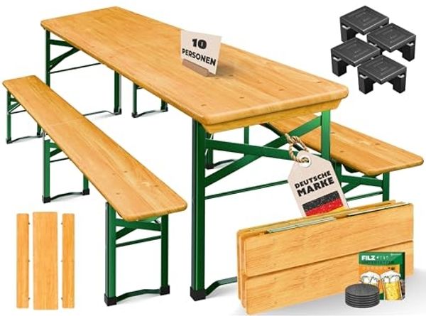 KESSER® Bierzeltgarnitur, 3-teilig, klappbar, Holz / Stahl grün, Hellbraun, 220 x 50 x 77 cm