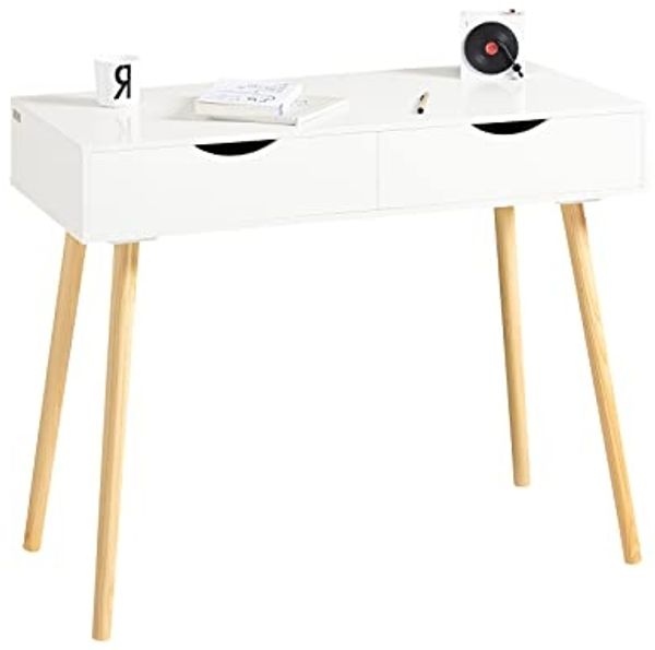 SoBuy FWT40-WN Schreibtisch mit 2 Schubladen Tisch Computertisch Kinderschreibtisch Bürotisch, weiß/Natur BHT ca: 90 x 77 x 45 cm