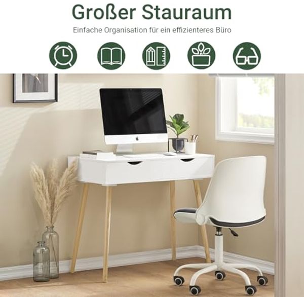 SoBuy FWT40-WN Schreibtisch mit 2 Schubladen Tisch Computertisch Kinderschreibtisch Bürotisch, weiß/Natur BHT ca: 90 x 77 x 45 cm Bild 4