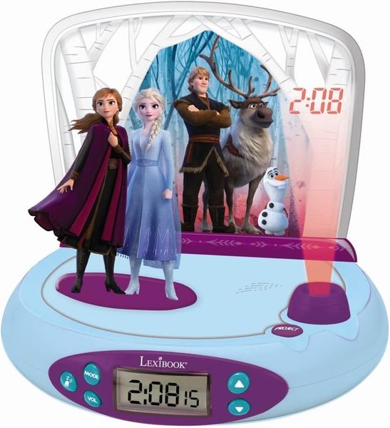 Lexibook RP510FZ_50 Disney Frozen Die Eiskönigin 2 ELSA & Anna, Projector-wecker mit Klingeltönen, Nachtlicht, projeziert die Zeit an die Wand, Soundeffekte, mit Batterien, Blau/lila
