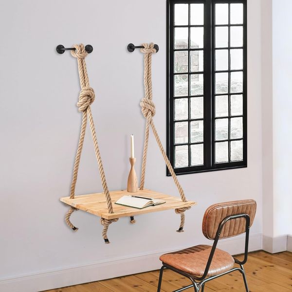 Modern Wall Shelf with Solid Wood & Metal, 60 x 90 x 55 cm | Adjustable Height, 10 kg Capacity, Rope Connection | Rustic & Novelty Design for Home Decor