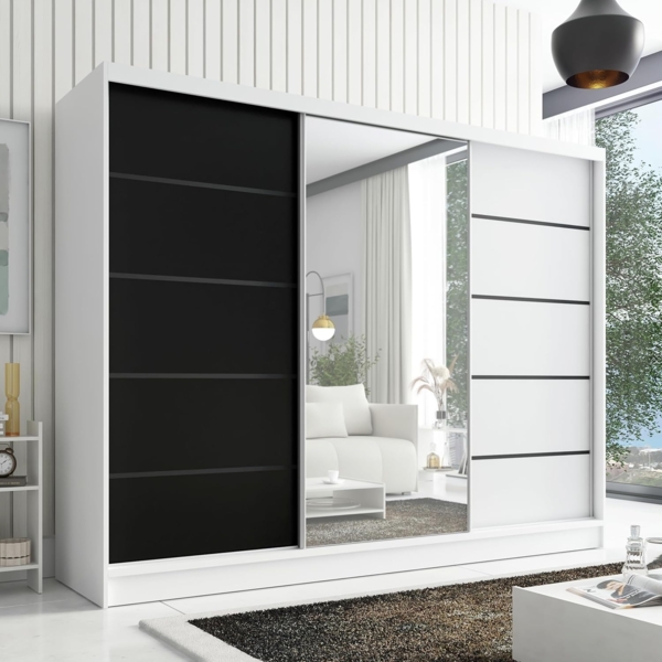 Schwebetrenschrank AVIRA 2 3-trig Schrank 200 cm (mit Spiegel) Farbe: Wei , Schwarz