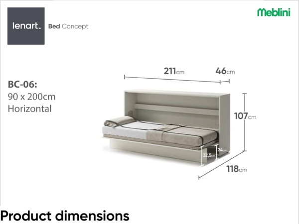 MEBLINI Schrankbett Bed Concept - BC-06 - 90x200cm Horizontal - Kaschmir - Wandbett mit Lattenrost - Klappbett mit Schrank - Wandklappbett - Murphy Bed - Bettschrank Bild 7