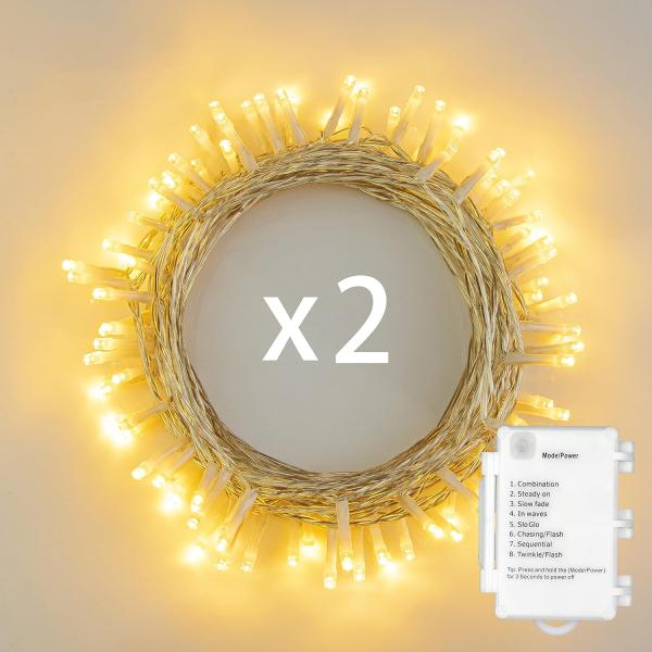 2stk 50er LED Outdoor [Timer] Lichterkette Batterienbetrieben Warmweiß (8 Modi, 5M Durchsichtigen Kabeln, 120 Stunden Betriebsdauer, IP65 Wasserdicht, Außenbeleuchtung)