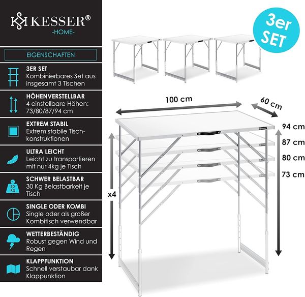 KESSER® Multifunktionstisch Profi 3- teilig, 100x60 cm, Tapeziertisch 30kg Tragkraft je Tisch Mit Ausziehfunktion Klapptisch Flohmarktisch Beistelltisch Mehrzwecktisch Campingtisch höhenverstellbar Bild 2