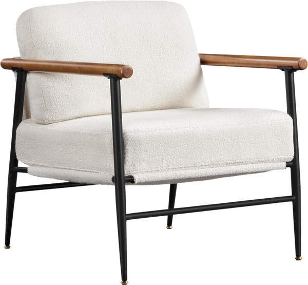 Yaheetech Gepolsterter Sessel mit Armlehnen, Loungesessel mit Metallrahmen, Fernsehsessel aus Bouclé-Gewebe, für Wohnzimmer/Schlafzimmer, Elfenbein