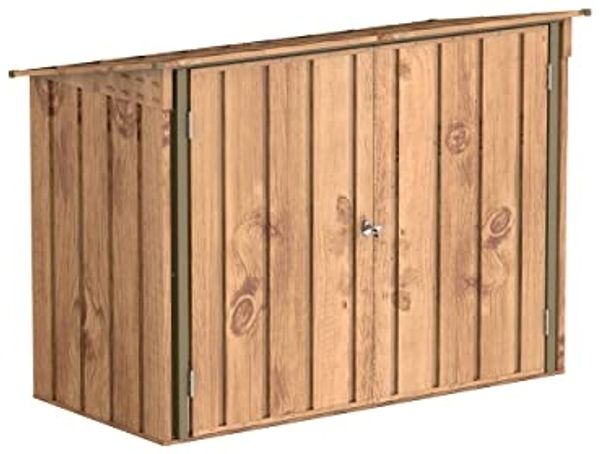 Duramax Fahrradschuppen für 2, Fahrradgarage mit komplett breiten, abschließbaren Doppeltüren, Lagerschuppen aus Metall, Gartenschuppen für Fahrräder, Fahrradaufbewahrung, fahrradbox, Holzmaserung