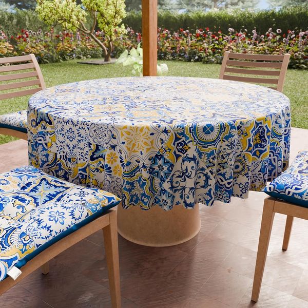 PETTI Artigiani Italiani - Schmutzabweisende runde Tischdecke aus Mikrofaser (Durchmesser 180 cm), Küchentischabdeckung für runden Tisch, Design Vietri 02, Blau, 100% Made in Italy