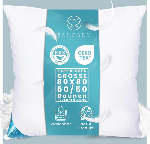 Sandaro Home Daunenkissen 1500 gr, DAUNENFEDERKISSEN, 80x80 cm, Füllung: 50% Daunen/ 50% Federn, Bezug: Baumwolle