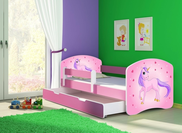Kinderbett Jugendbett mit einer Schublade und Matratze Rausfallschutz Rosa 70x140 80x160 80x180 ACMA II (17 Pony, 80x180 cm mit Bettkasten) Bild 2