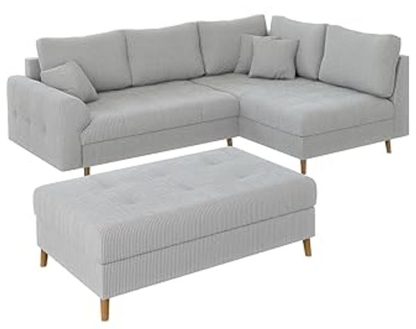 S-Style Möbel Ecksofa Zara mit Braun Holzfüßen im skandinavischen Stil aus Cord-Stoff, Ottomane links oder rechts bestellbar, mit Wellenfederung
