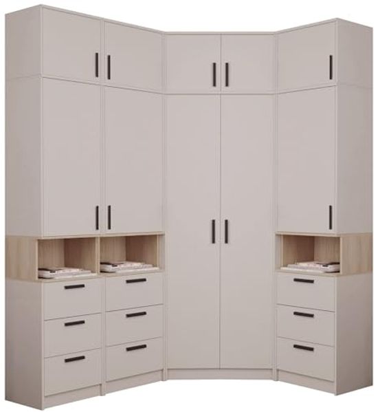 Marmex Möbel Grant Set-34C Schrankset mit mit Aufsätzen für Schlafzimmer und Ankleidezimmer, bestehend aus einem Eckschrank und freistehenden Regalen mit Schubladen und Einlegeböden, laminierte Spanplatte, graubeige cashmere+cremona torro 195/143x235x4...