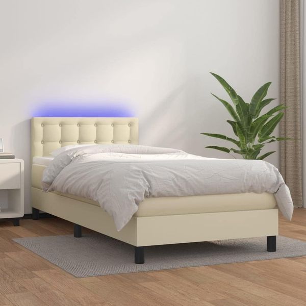 vidaXL Boxspringbett mit Matratze & LED Creme 90x200 cm Kunstleder, Härtegrad: H2 [3134203]