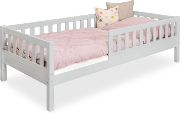 Ehrenkind® Kinderbett Lille | Kinderbett 90x200 cm mit abnehmbaren Rausfallschutz aus Massivholz FSC® zertifziert| Jugendbett 90x200 Hellgrau