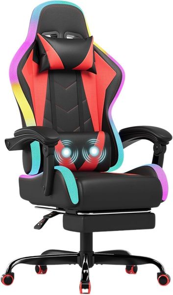 JUMMICO Gaming Stuhl mit led, Cool Racing Gamer Stuhl, Ergonomischer Bürostuhl mit Massagefunktion, Verstellbare Rückenlehne 90-135°, mit Teleskop Fußstütze, Gamingstuhl 150 kg belastbarkeit, Rot