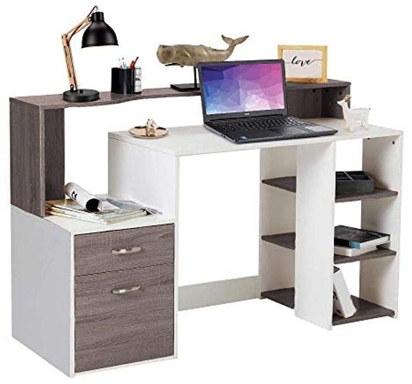 BAKAJI Schreibtisch mit Schublade und Möbel, Arbeitstisch, PC-Tür, aus Melaminholz, Dekoration für Zuhause, Büro, Kinderzimmer (Grau Eiche)