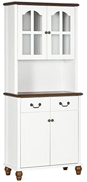 HOMCOM Küchenschrank, Küchenbuffet mit 2 Schubladen, Hochschrank mit 4 Türen, offenem Fach, Vitrinenschrank mit Soft-Close-Funktion für Wohnzimmer, Küche, 76 x 38 x 182 cm, Weiß